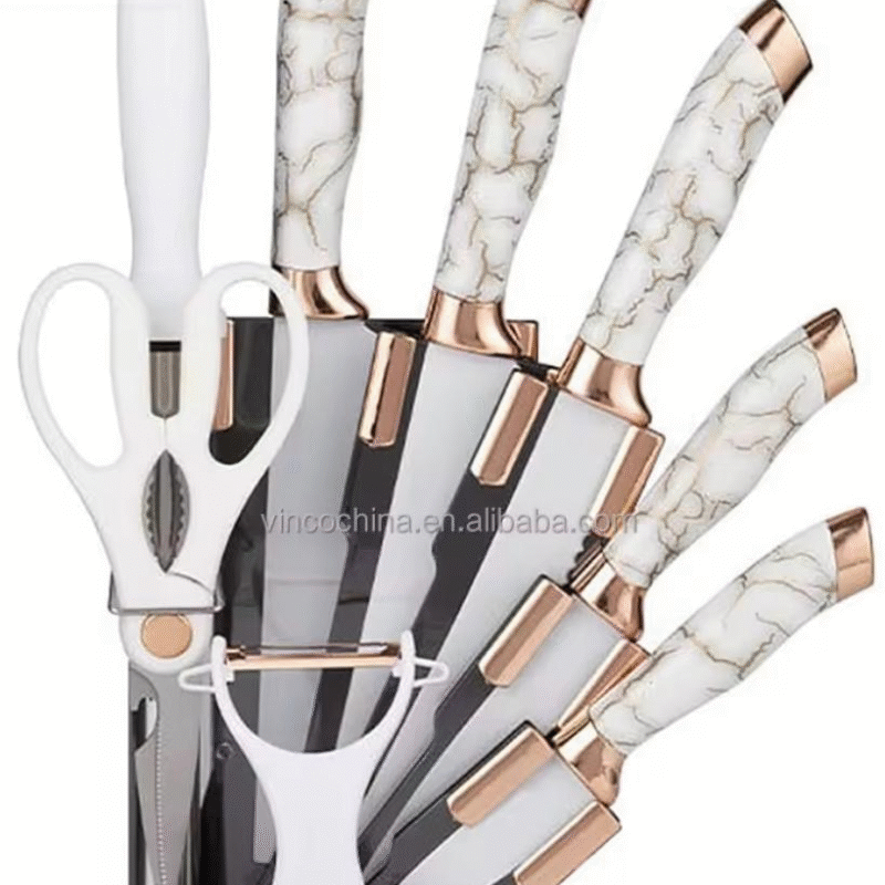 9pcs Set Kitchen Chef Bread Steak Knives Set Knife Block Set with Acrylic Base That Rotates 360 Degrees